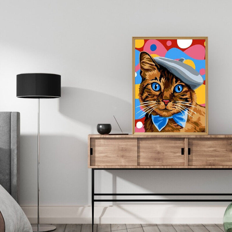 Frameless Oil Paint By Numbers DIY Cat Hat Picture Craft Kit for Living Room