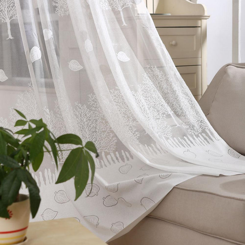 Leaf Print Tulle Voile Curtains Window Door Curtain for Living Room (White)