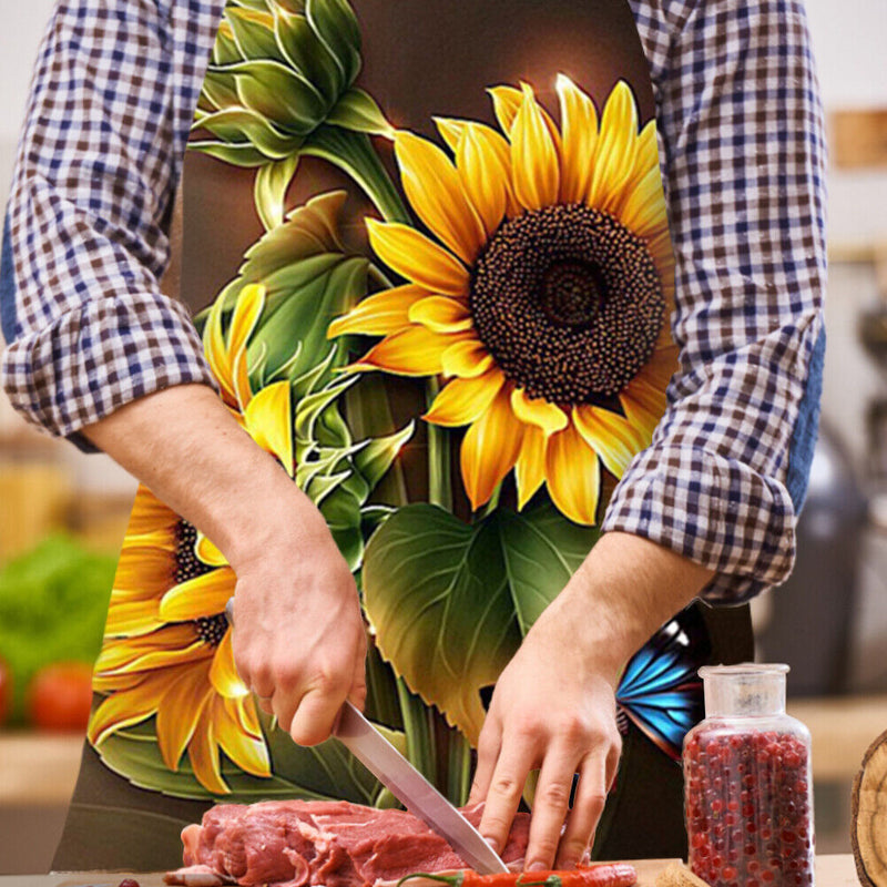 Sunflower Printed Linen Apron Waterproof Kitchen Cooking Bib (82x68cm)