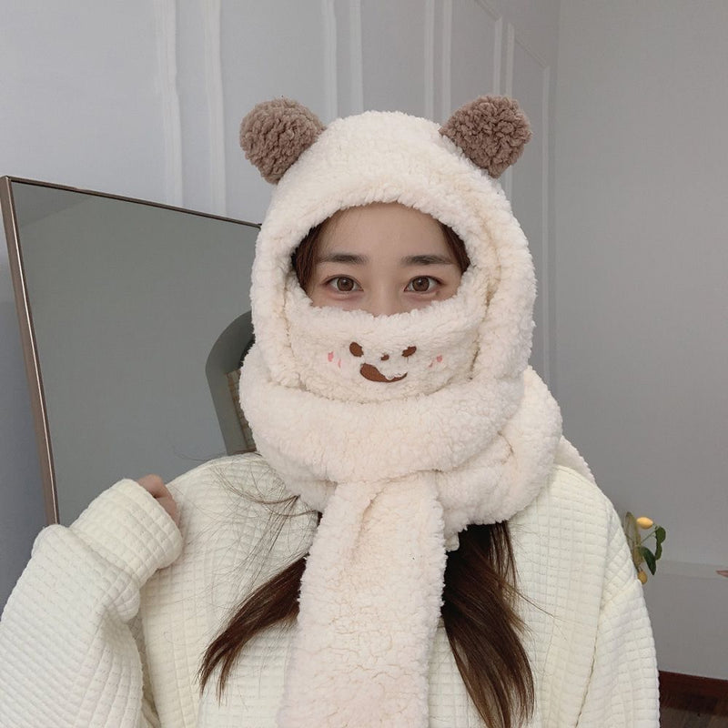 Winter Warm Windproof Beanies Caps Bear Ear Hat Hat Scarf Set Earflap Earmuff