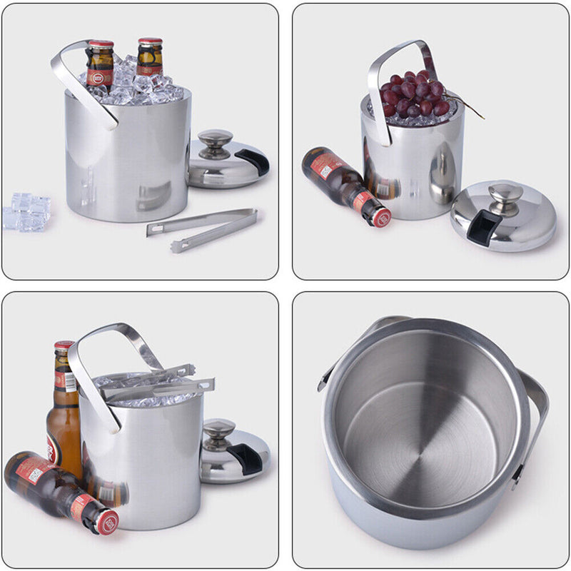 1300ml Stainless Steel Ice Bucket Double Layer Wine Beer Ice Cube Tray w/ Tongs