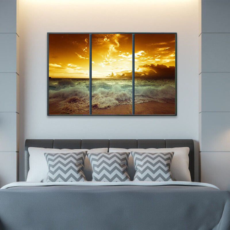 Canvas Paint By Numbers Seaside Sunset 3 Panel Oil Hand Painted Home Drawing Kit