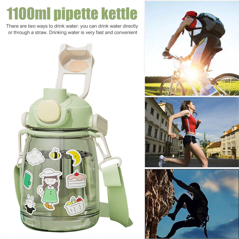 1100ml Straw Big Belly Water Cup Drinking Water Bottle w/ Stickers (Green) Newly