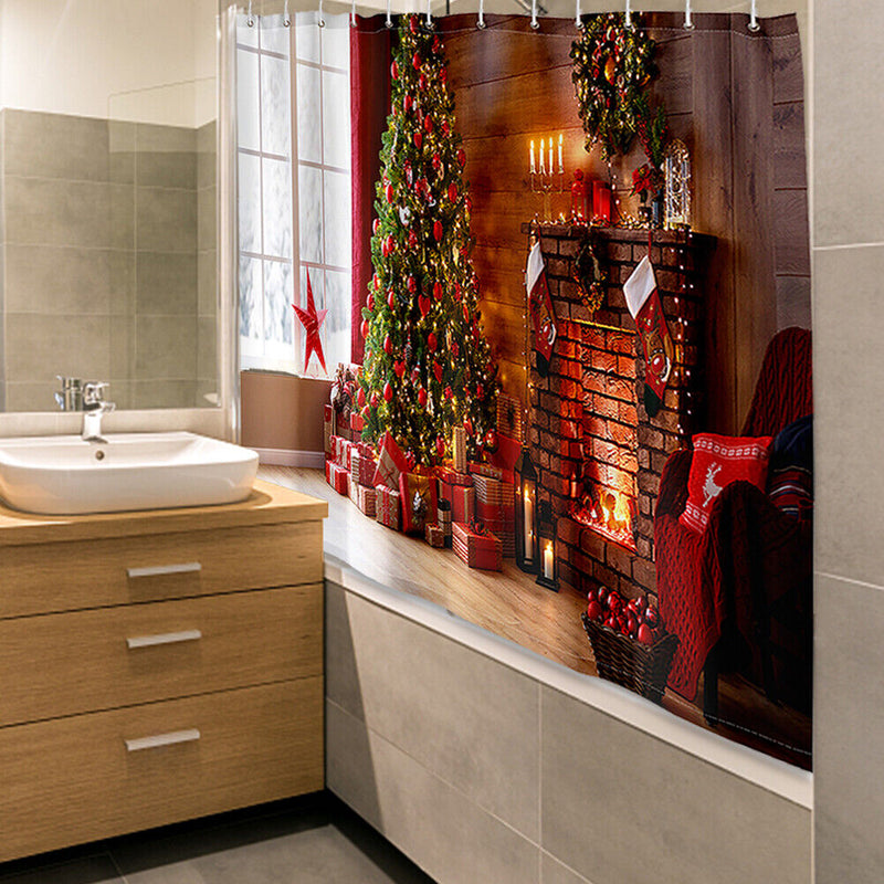 Christmas Tree Gift Printed Shower Curtain Waterproof Hook Hanging Bath Cover