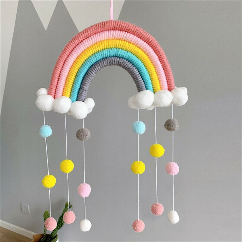 Woven PomPom Photo Prop Clouds Rainbow Tapestry Felt Ball Wall Hanging Decor