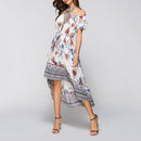 Women Off Shoulder Floral Print Dress Bohemian Beach Swing Dress (White M