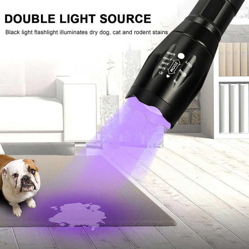 150LM XPE + UV Mini Zoomable Flashlight White + Purple Light 395nm Background
