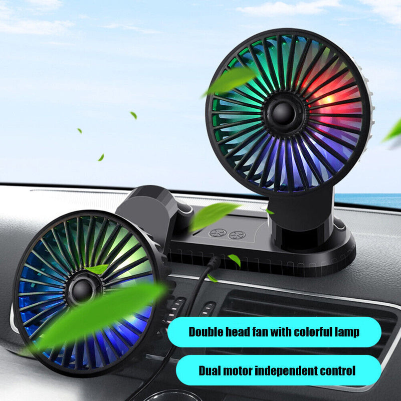 F404D Car Fan USB Dual Head Dashboard Fan with LED Lights for 12V 24V Truck SUV