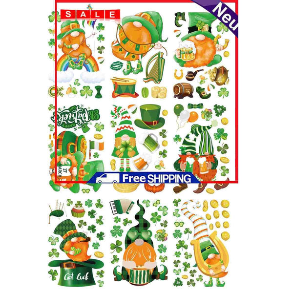 Window Clings Decals Hat Gnome Irish Stickers for Holiday Ornaments (9 Sheets)