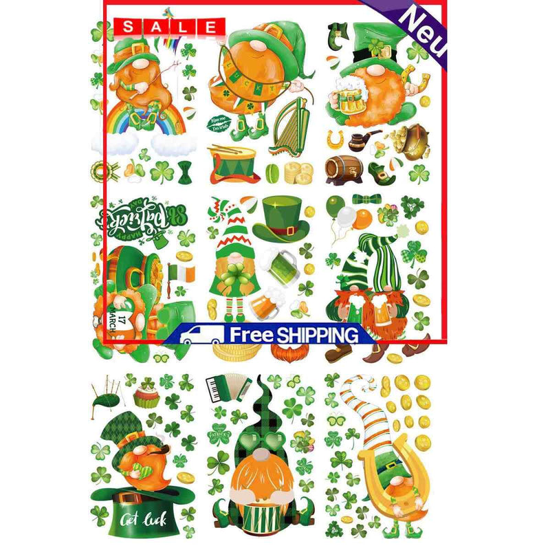 Window Clings Decals Hat Gnome Irish Stickers for Holiday Ornaments (9 Sheets)