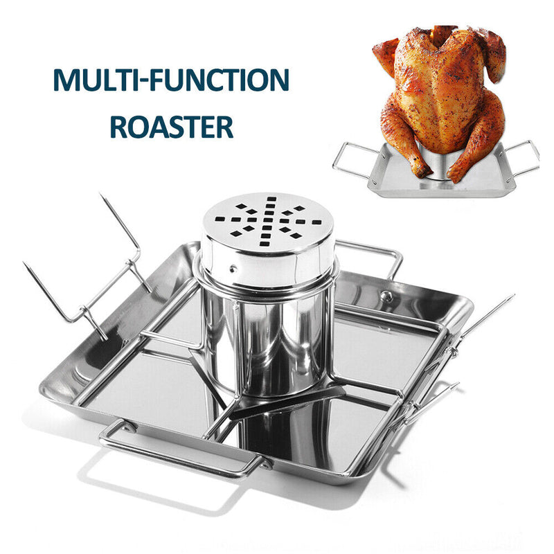 Stainless Steel BBQ Chicken Roaster Tray Oven Roasting Pan Barbecue Grill R