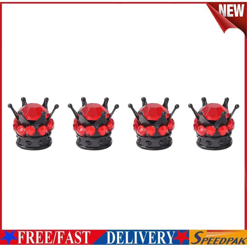 4pcs Auto Car Bling Rhinestone Black Crown Wheel Tire Valve Caps (Red)
