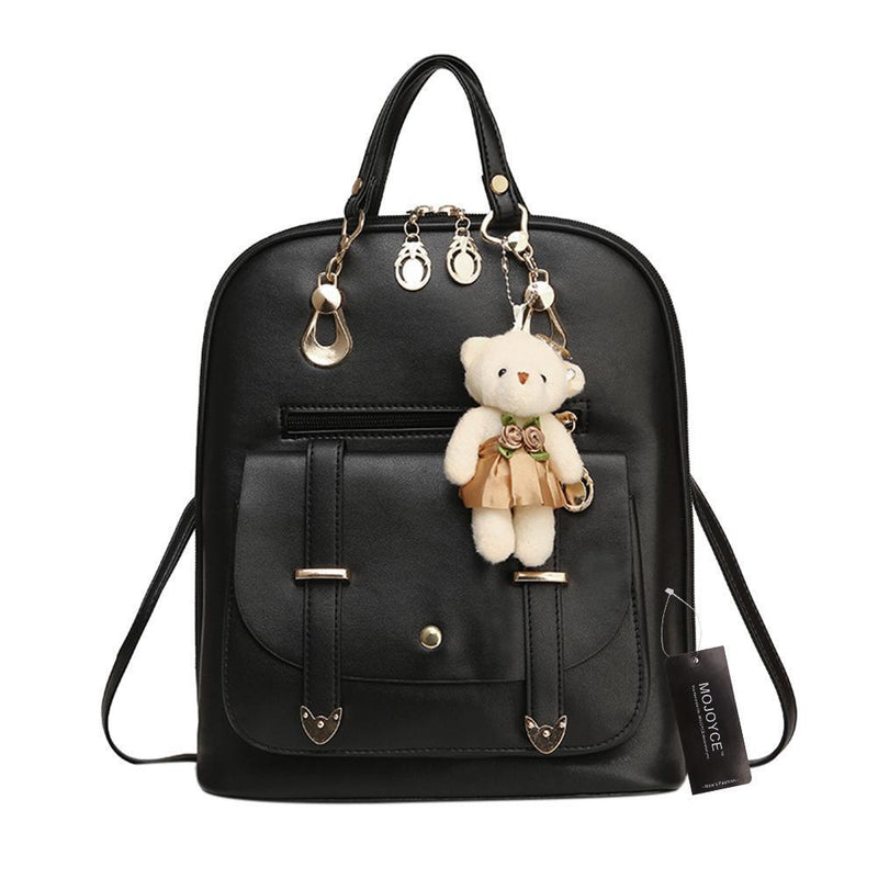 Women Student Preppy Style Cute Bear Pendant Bookbag Backpack(Black)