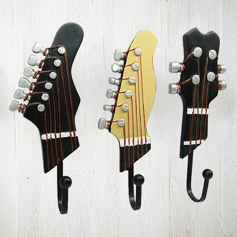 3pcs Retro Guitar Head Hooks Wall Mounted Clothes Hat Sundries Hanger Home Decor