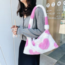 Retro Women Love Print Plush Shoulder Bag Winter Hit Color Handbag (Pink)
