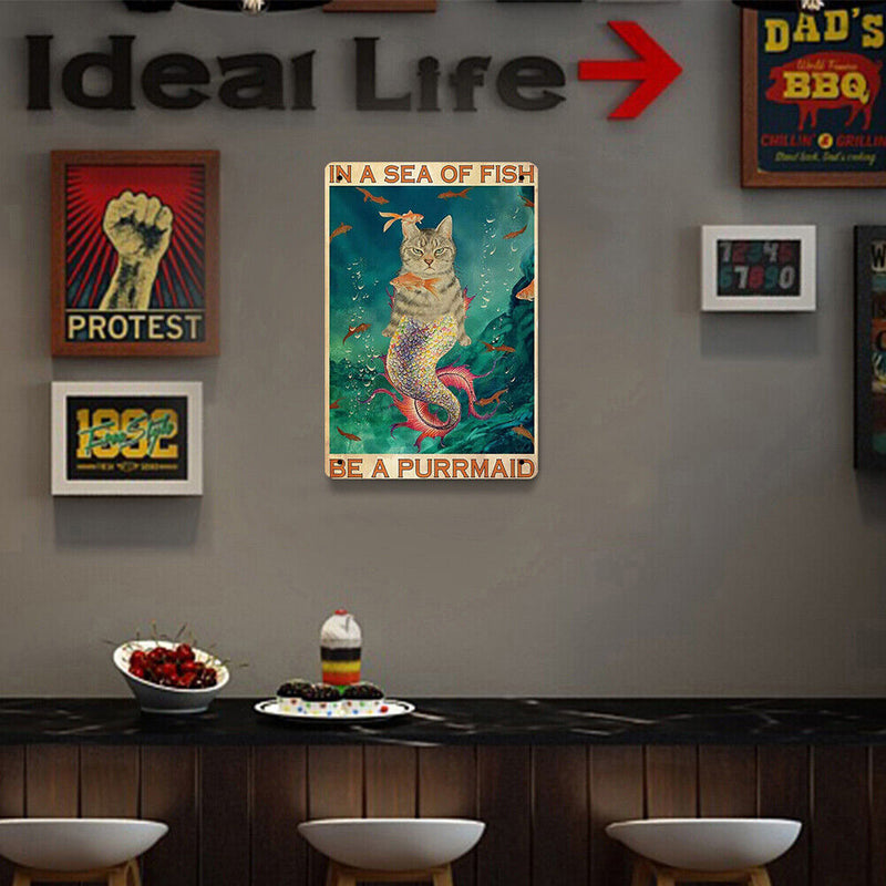 Retro Mermaid Cat Metal Plate Painting for Bar Pub Tin Plaques Wall Sign