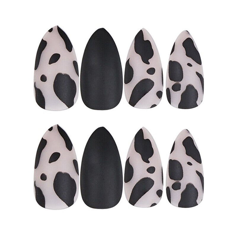 Women Black Matte Fashion With Glue Full Cover Stiletto Leopard False Nail Tips