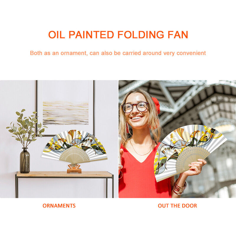 Handmade Oil Painting Ginkgo Leaf Folding Fan By Numbers DIY Painted Craft