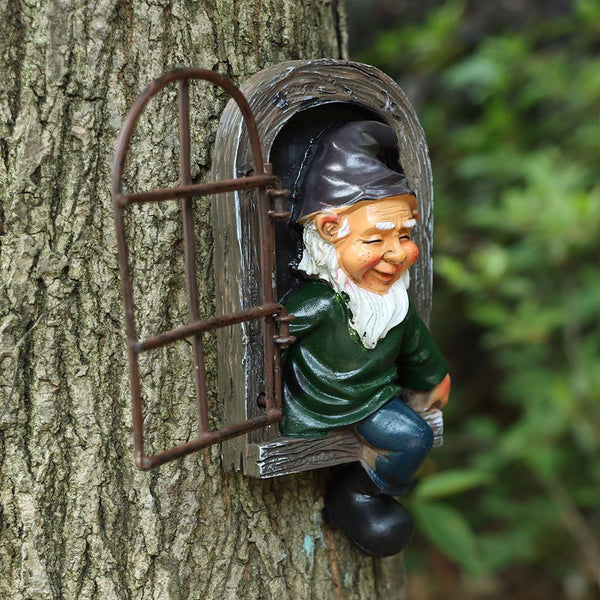 Yard Wall Art Garden Decoration Elf Gnome Window Dwarf Statue Tree Sculpture