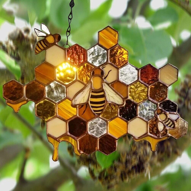 Stained Glass Bee Honeycomb Hanging Suncatcher Ornaments Window Garden Decor