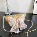 Lace Bow Women Bucket Straw Crossbody Bag Female Retro Summer Beach Handbag