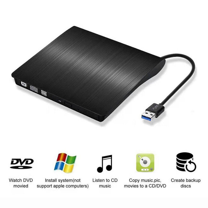 USB 3.0 External DVD CD Burner Plug and Play Laptop Desktop PC Accessory Black