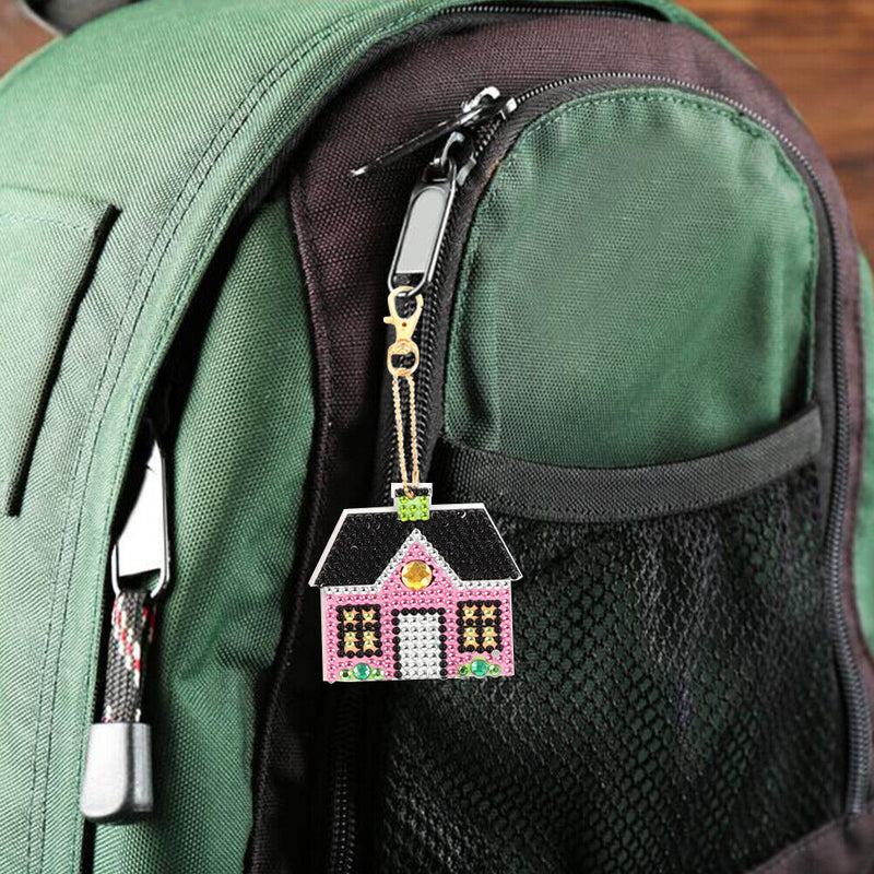 Mini Diamond Painting Four Houses Cross Stitch Mosaic Kit Key Ring Bag Decor