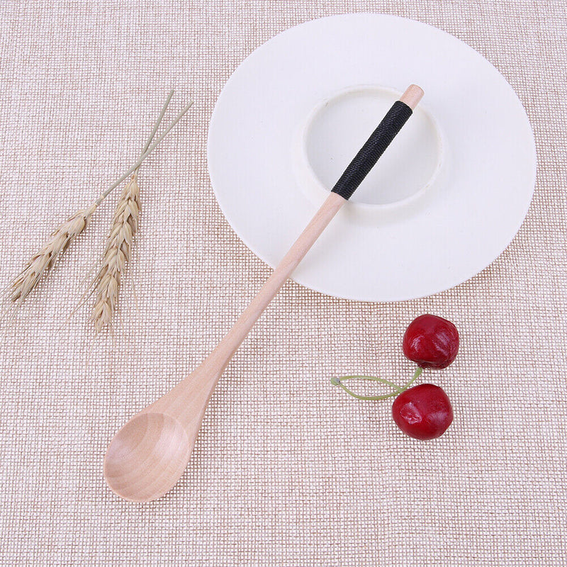 Long Handle Wooden Spoon Dessert Coffee Stirring Spoon(Khaki)(Black thread)