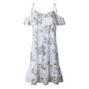 Floral Print Ruffles Knee-length Dress Women Backless Halter Dress(White L)