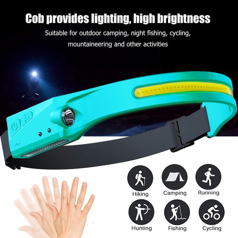 2pc LED COB Headlamp Rechargeable Camping Waterproof Sensor Headlights Cyan