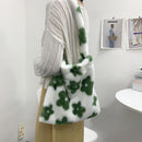 Retro Women Winter Flower Print Plush Large Capacity Tote Shoulder Shopping Bags