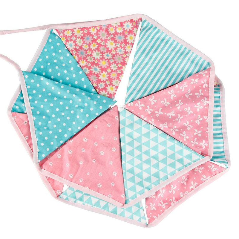 12 Flags Pink Blue Floral Cotton Fabric Bunting Pennant Banner Birthday