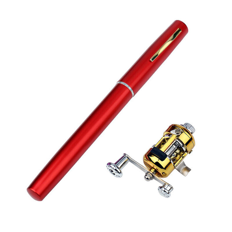 Portable Pocket Mini Aluminum Pen-Shape Fishing Rod w/ Reel Wheel (Red) Newly
