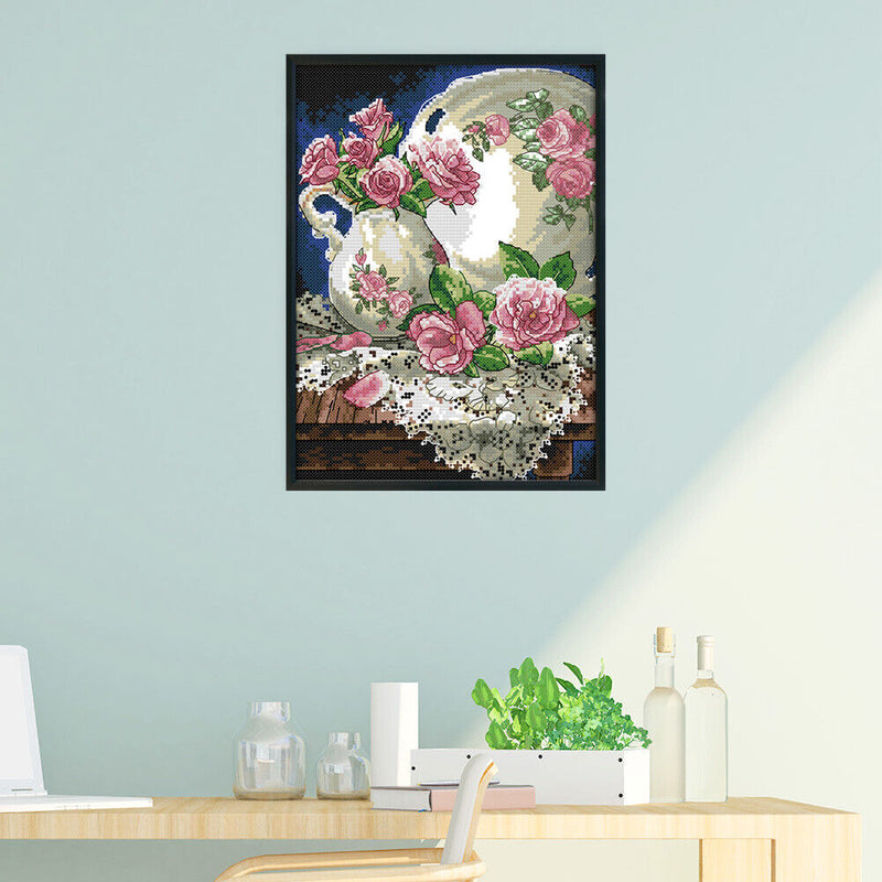 Cross Stitch 14CT Stamp Canvas Vase and Rose Embroidery DIY Handwork (J283)