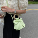 Sweet Bow Tie Mini Leather Bucket Crossbody Bag Women Round Wooden Handle Purse
