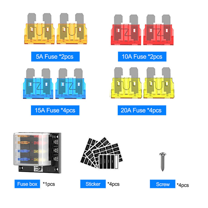 6-Way Blade Fuse Box Fuse Block Holder with Fuses for 12V 24V Car Marine Newly