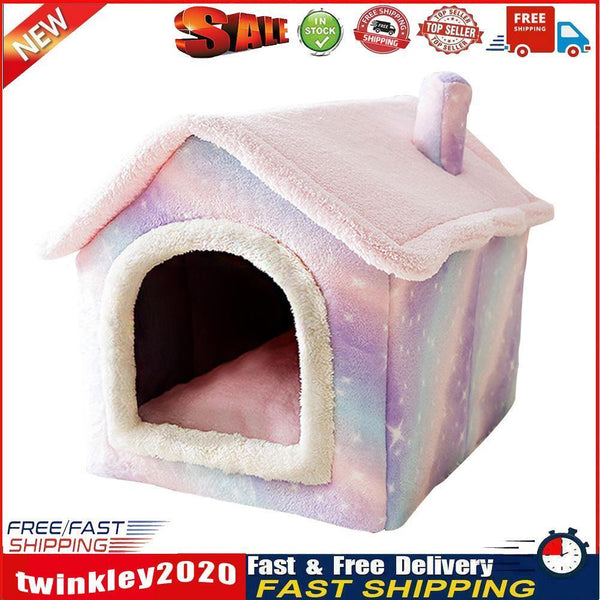 Pink Starry Pet House Kennel Cat Tent Semi-enclosed Plush Sleep Nest (L) Newly