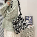 Women Plush Leopard Shoulder Bag Female Winter Warm Travel Fabric Shopping Bags