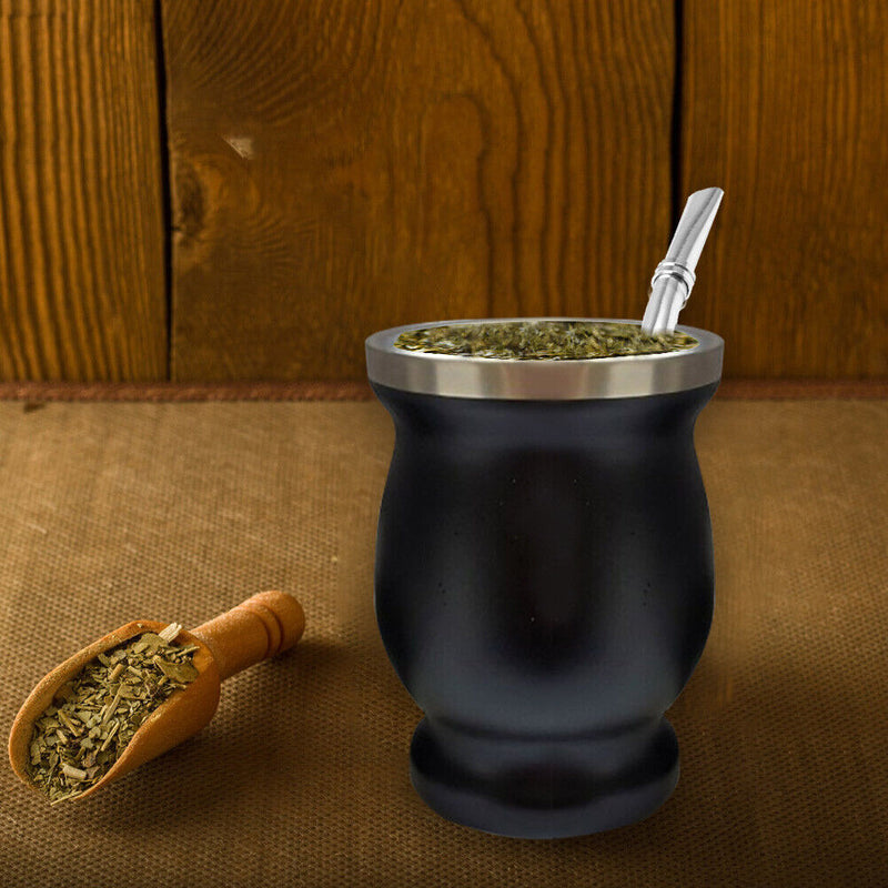 Double Wall Gourd Tea Cup 8oz Stainless Steel Yerba Mate Tea Cup (Black) Newly