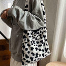 1*Retro Cow Print Plush Women Fashion Big Capacity Handbag Shoulder O0B3 G7H6