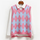 Loose sweater Y2K V Neck Plaid Knitted Knitwear top Sweater Vest Sleeveless