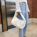 Women Plush Rainbow Top-handle Bag Winter Warm Zipper Handbag (Blue)