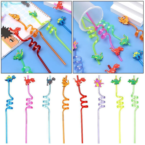 Design Cartoon Pattern Straws-Plastic Dinosaur Reusable Straws Dino Theme