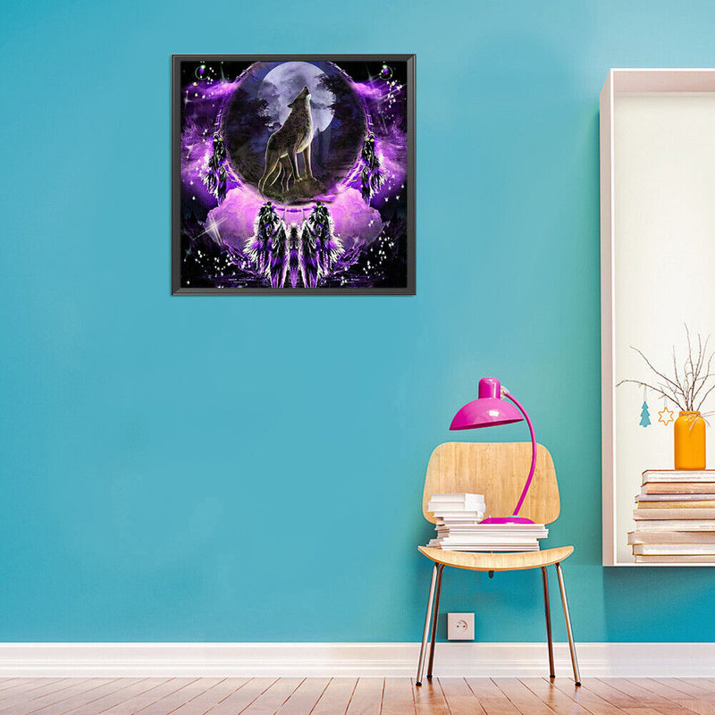 5D Rhinestone DIY Purple Wolf Dreamcatcher Full Round Drill Diamond Painting Kit