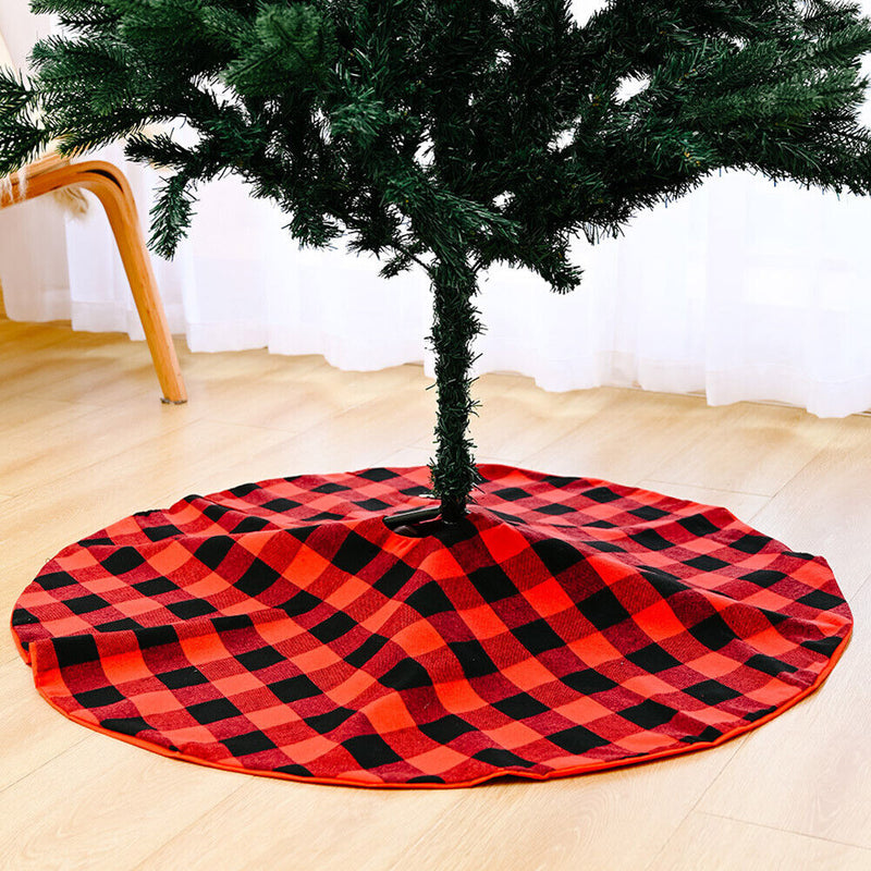 Christmas Tree 35 inch Cover Carpet Skirt Black Red Plaid Xmas Home Ornaments