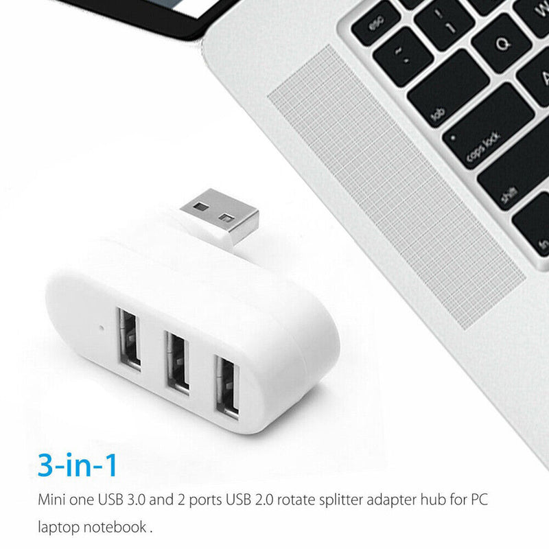 Mini Rotatable 3 Port USB Hub U Disk Reader Splitter for PC (USB 2.0 White)