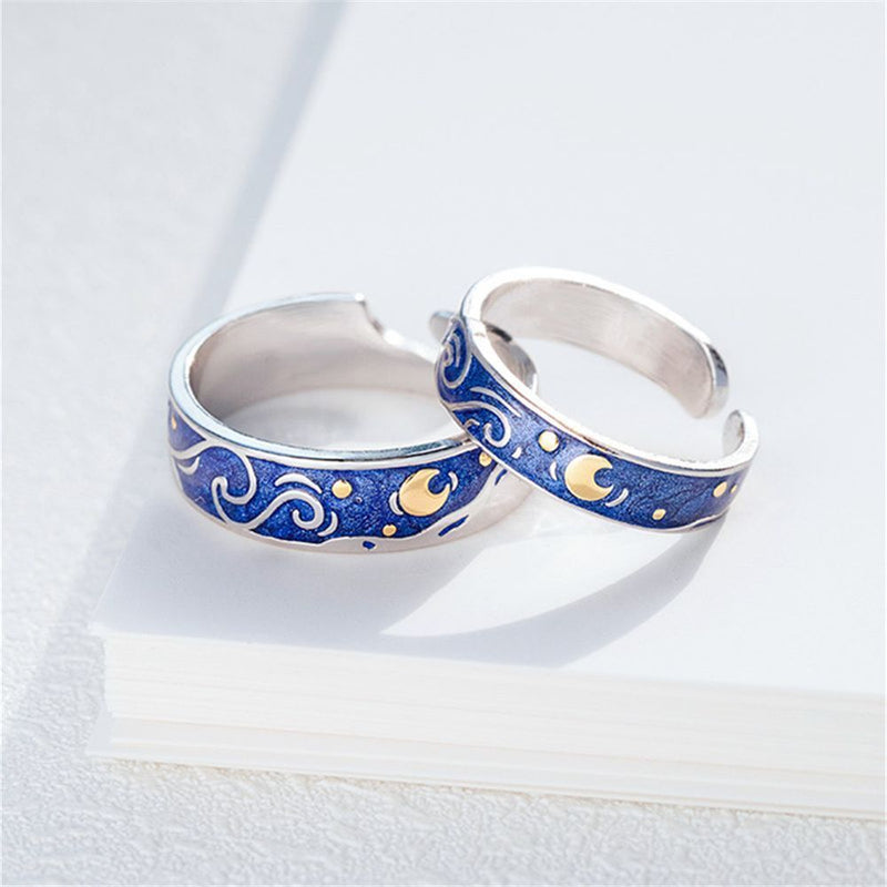 Day Present Romantic Weddings Van Gogh Couple Rings Starry Sky Adjustable