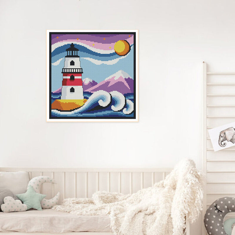 2 Beaches Full Embroidery Cartoon Lighthouse Printed Cross Stitch Art Home Decor