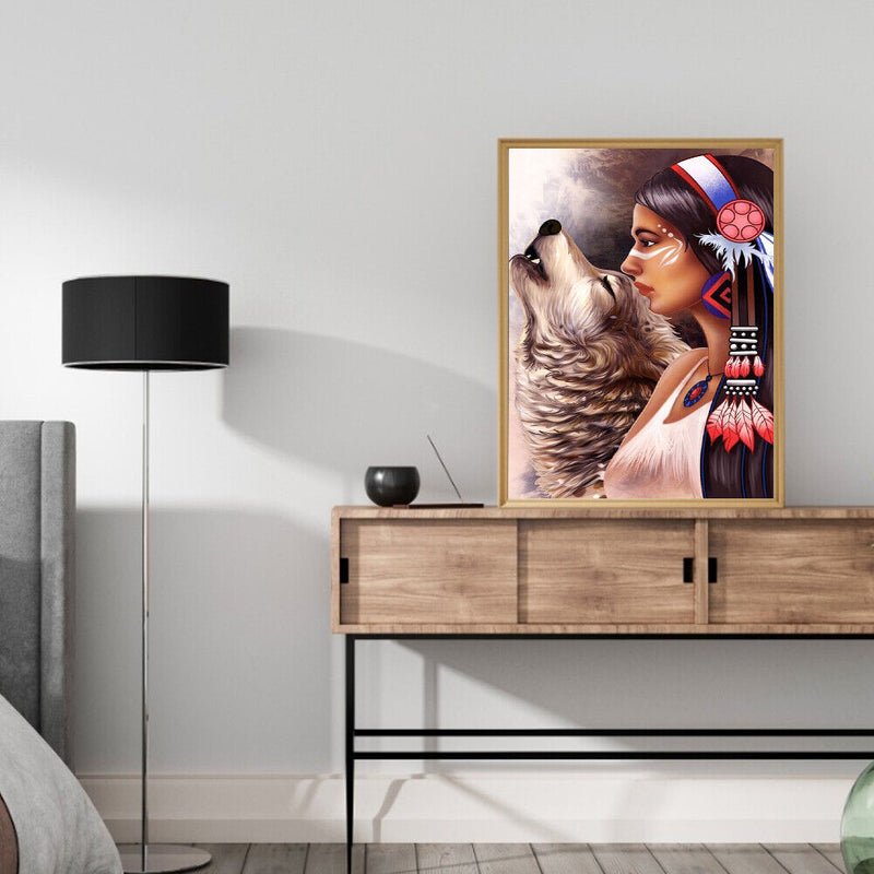 DIY Hand Painted Paint By Numbers Oil Canvas Pictures Aboriginal Girl Wolf Kit