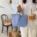 Women Portable Cloth Shopping Handbag Simple Plaid Picnic Large Capacity Tote